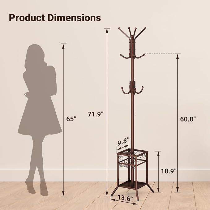 ELYKEN Coat Rack Freestanding, Metal Coat Rack with Umbrella Holder | 12 Hooks, Square Base, Heavy Duty Floor Standing Coat Tree for Entryway, Hallway, Living Room, Bedroom, Office, Brown