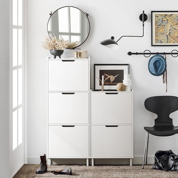 Haotian Slim Shoe Cabinet Entryway | Hidden Shoe Storage with Two Flip Drawers to Save Space, Freestanding Shoe Rack for Front Door, Entryway, Hallway (White)