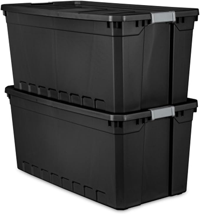 Sterilite 12-Pack Plastic Storage Bins with Lids, Stackable Containers, 50 Gallon, Black
