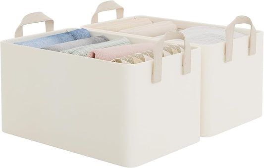 StorageWorks Closet Storage Bins, Storage Baskets for Shelves, Closet Organizers and Storage Bins with Metal Frame, Handles, Beige, Cool Silky Fabric, 2-Pack