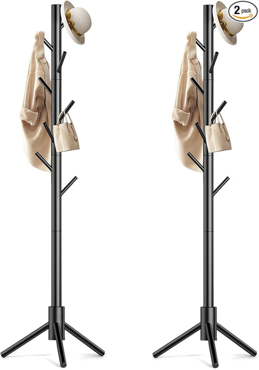 Aliphon Wooden Coat Rack Stand, Freestanding Coat Rack with 8 Hooks, 3 Adjustable Size Coat Tree for Hats, Coats, Scarves bags, Coat Hanger Stand Used in Bedroom/Office/Entryway,2 PCS (Black)
