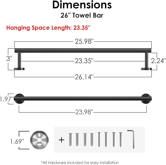 FORIOUS Towel Bar 24" Towel Racks for Bathroom Wall Mounted Matte Black | Total Length 26 Inch, Rustproof, Stainless Steel Towel Holder, Wall Mounted for Bathroom Bedroom, Heavy Duty, Space Saving