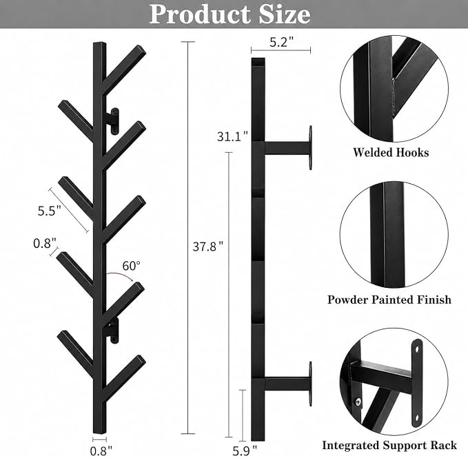 Vlush 2Pack Wall Mounted Coat Rack - 9 Hooks, Modern Metal Design, for Hats, Coats, and Bags - Suitable for Entryways and Bedrooms - Black (37.8" Height)