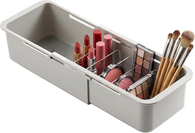 Li&Zhao Drawer Organizer- Adjustable Storage Bins with 5 Dividers, Gray Clear Drawer Organizer for Kitchen, Bedroom, and Office, Expandable clear organizer bins for Makeup, Utensils, and Gadgets