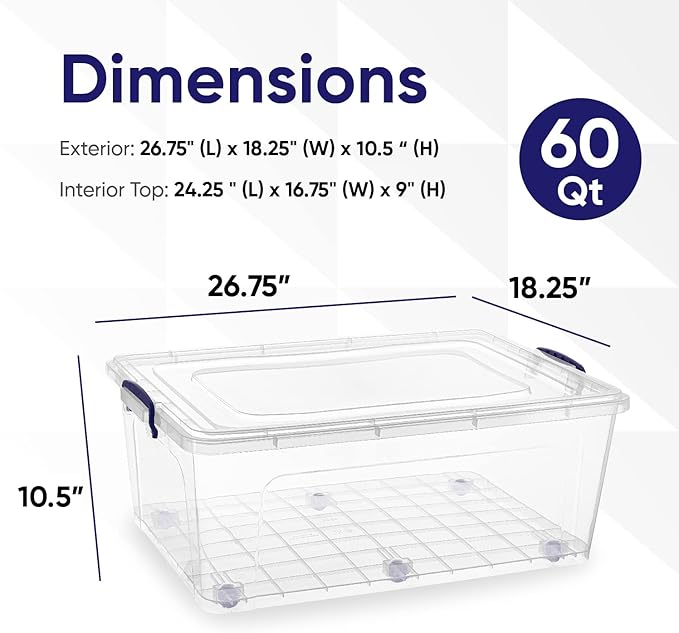Superio Clear Storage Bin with Lid, Large Stackable Container with Lid, 60 Quart Wheeled Storage Box for Home, Garage, Storage