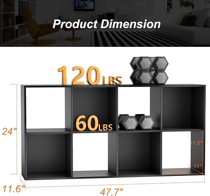 Sweetcrispy 8 Cube Storage Organizer, Stackable Modular Bookcase Shelf | Vertical or Horizontal Use, Fits 11×11" Bins, Removable Back Panels, for Living Room, Office, Entrance Black Wood
