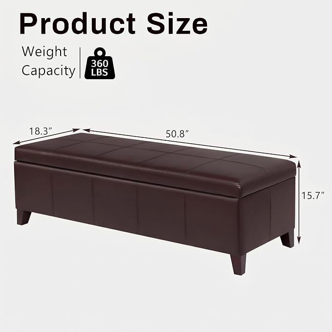 51" Coffee Brown Faux Leather Storage Ottoman | Foot Rest with Hinged Lid, Long Rectangle Bed Bench for Living Room, Bedroom, Entryway