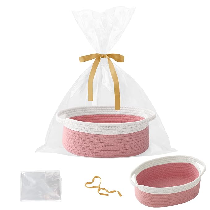 Woven Rope Basket - Baby Gift Basket with Bag & Ribbon, White&Pink | Cotton rope with handle, 12 x 8 x 5 in, gift bag and ribbon, for baby shower, birthday, toy storage, nursery, shelf decor