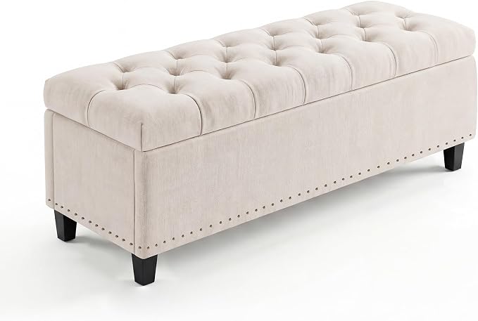 51" Extra Large Storage Ottoman Bench, Supports 660lbs End of Bed Storage Bench with Button-Tufted Upholstery and Safety Close Hinge, Upholstered Bench for Living Room, Bedroom, Entryway - Beige | End of Bed Storage Bench with Button-Tufted Upholstery,...