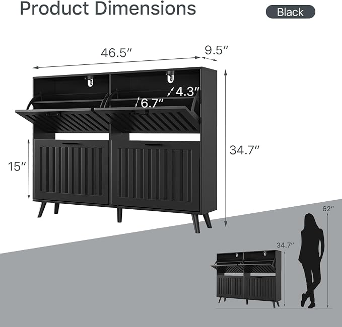 Shoe Storage Cabinet with 4 Flip Drawers, Modern Freestanding Organizer with Adjustable Shelf, Narrow Shoe Rack Cabinet for Entryway, Black