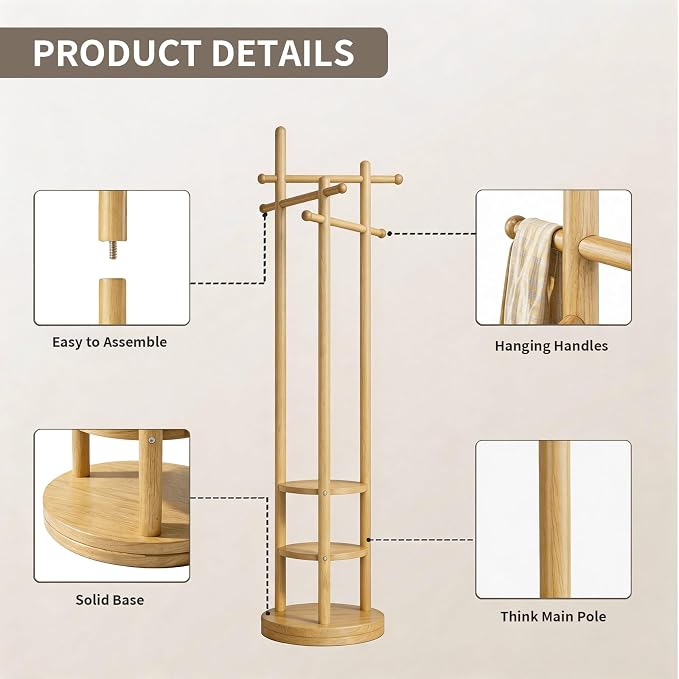 Coat Rack Freestanding, Solid Wood Coat Tree with 6 Hooks and 3 Storage Shelves for Bedroom, Entryway Living Room, Office, Corner Hanger Stand for Purse, Bag, Jacket, Hat