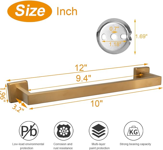 TocTen Bath Towel Rack - Square Base Thicken SUS304 Stainless Steel Towel Bar for Bathroom, Bathroom Accessories Towel Rod Heavy Duty Wall Mounted Towel Holder. (Brushed Gold, 12)