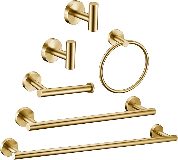 6 Pieces Brushed Gold Bathroom Hardware Accessories Set Hand Towel Ring 16&23.6 inch Round Towel Bar Toilet Paper Holder Towel Hooks 2 Pieces SUS 304 Stainless Steel,Heavy Duty,Wall Mounted