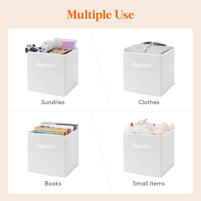 Lifewit Storage Cubes, Foldable Decorative Fabric Storage Baskets for Organizing Home Organizers with Handles for Shelves, Closet, 11 Inch Bins, 18L White, 6 Packs