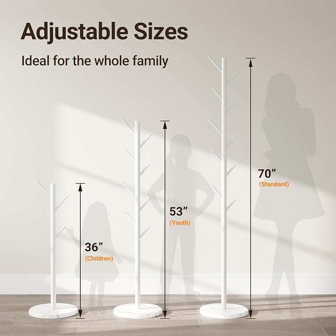 Coat Rack Freestanding, Metal Coat Rack with Natural Marble Base, White | 10 Hooks, 3 Adjustable Heights, Heavy Duty Coat Tree for Bags, Clothes, and Hats for Entryway, Bedroom, Hallway, Office
