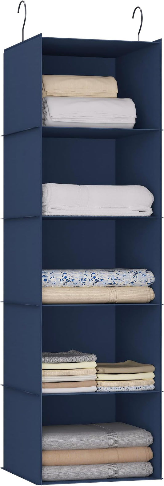 Hanging Closet Organizer 5-Shelf, Oxford Fabric Wardrobe Storage, Navy Blue | Easy-mount foldable design holds clothes, handbags, shoes & accessories; washable Oxford fabric, sturdy and space-saving.
