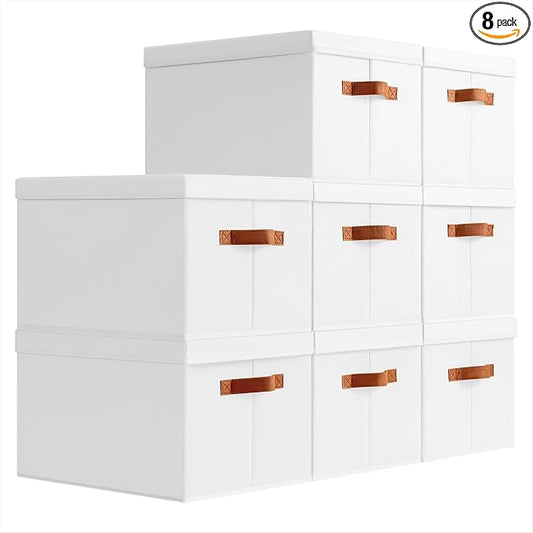 Homsorout Storage Bins with Lids - Large Fabric Closet Bins with Lid, 8 Pack Clothes Organizers and Storage, Collapsible Stackable Cube Basket for Home, Office, Dorm, White
