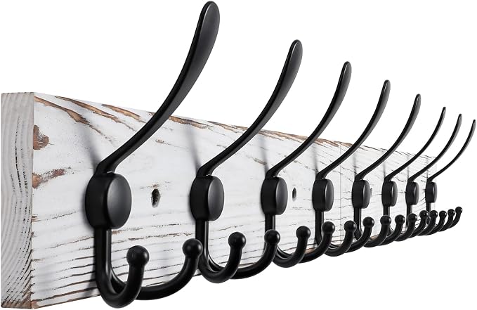 Kuhome 32.2'' Large Coat Rack Wall Mount Coat Hooks with 8 Metal Black Triple-Hooks Old White Pine Real Wood Plank Hat Rack for Wall Hooks