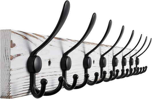Kuhome 32.2'' Large Coat Rack Wall Mount Coat Hooks with 8 Metal Black Triple-Hooks Old White Pine Real Wood Plank Hat Rack for Wall Hooks
