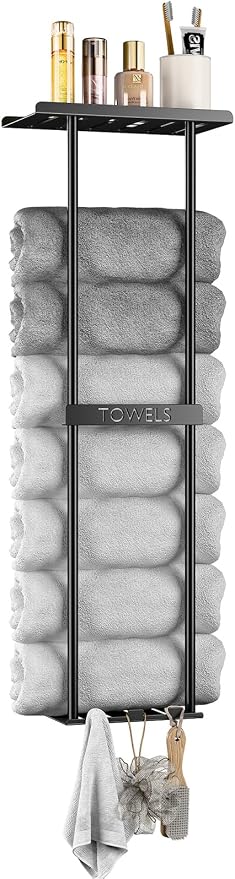 2-Tier Wall-Mounted Towel Rack with Hooks & Shelf, Black Metal Towel Holder for Small Bathrooms (Standard Version)