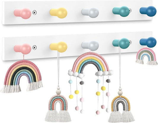 Maitys 2 Pcs Kids Coat Rack Wall Mount Kids Wall Hooks Rainbow Coat Rack Hooks for Boys Girls Toddler Cute Bathroom Decor Colorful Backpack Hanger Supplies for Clothes Hat Towel in Bedroom(Round)
