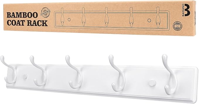 Badiano Wooden Coat Rack, Wall-Mounted Organizer for Closet, Entryway, Hallway, Foyer, Bedroom, Heavy Duty Double Hooks for Hanging Towels, Bags, Hats, Jackets, Key (White, 5 Hooks)