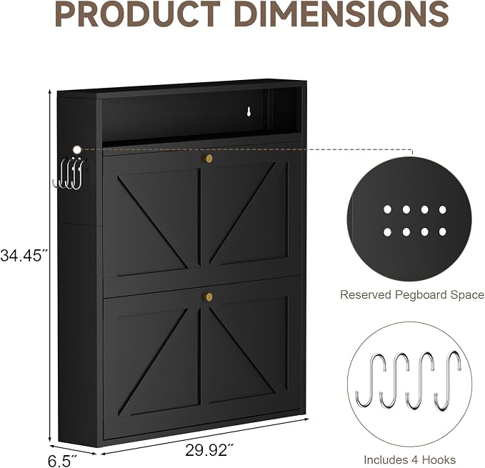 Hidden Shoe Rack, 2 Flip-Down Front Door Shoe Storage, Ultra Slim Shoe Cabinet Wall Mounted, Floating Shoe Storage Cabinet for Entryway, Space-Saving Moeden Cabinet for Small Place, Black