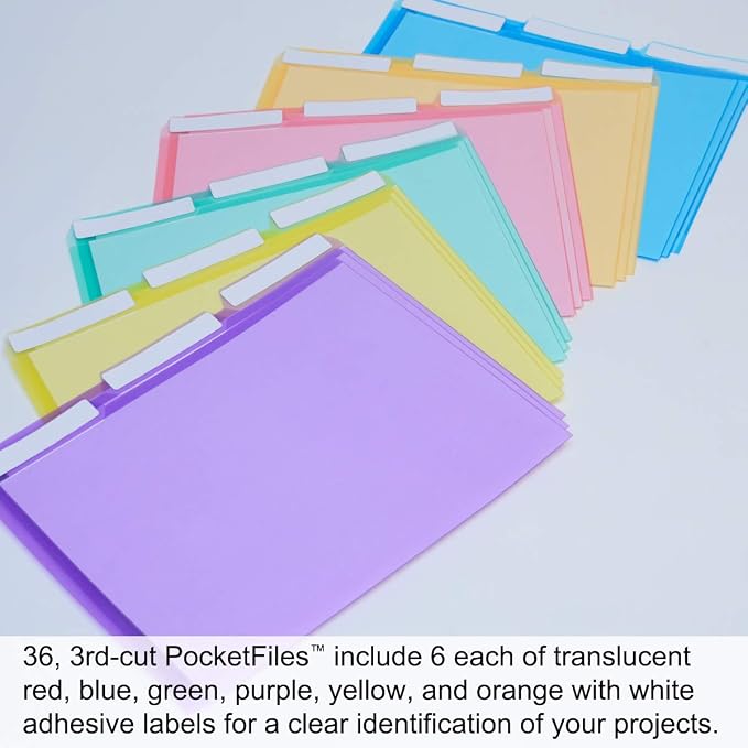 Ultimate Office PocketFile Clear Document Folders, 3rd-Cut, Set of 36 | Clear poly project pockets in 6 assorted colors; letter size; sort, color-code, and protect documents without punching