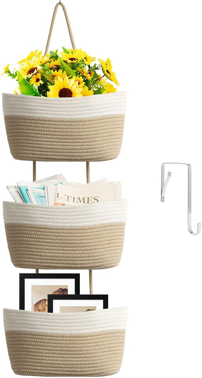 TeoKJ Over the Door Hanging Basket, 3-Tier Woven Cotton Wall-Mounted Storage Organizer Bag Decorative Hanging Nursery Baskets, White & Jute