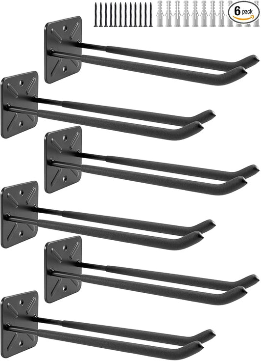 Sinoer 6 Pack Metal Wall Mount Garage Double Storage Hooks | 80KG heavy duty double hooks with 32cm extended arm, store ladders, bikes, tools and garden gear for garage use