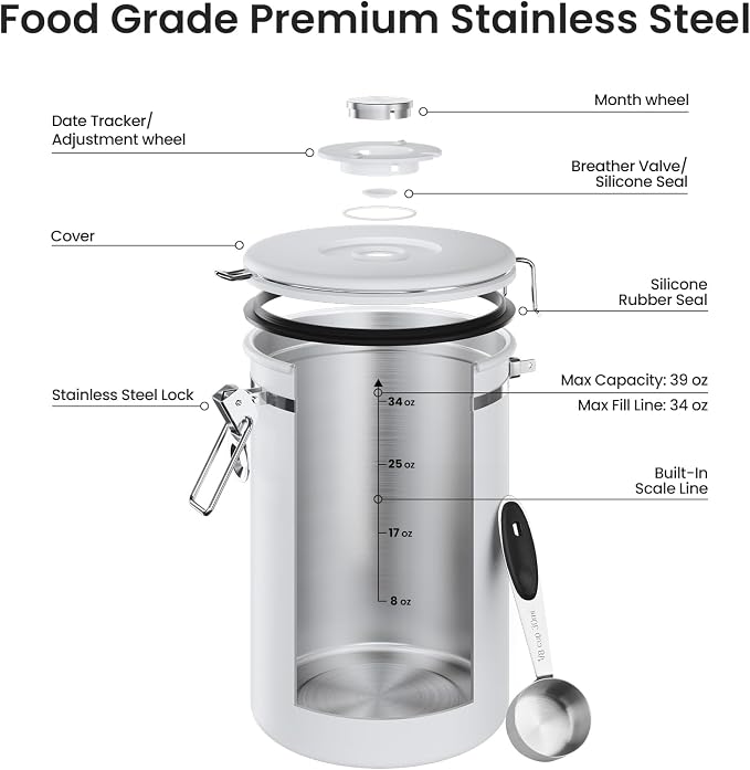 Veken Coffee Canister,39OZ, 2.2lbs,Large Airtight Stainless Steel Container | Date Tracker, Kitchen Food Storage Jars for Beans,Ground, Espresso, Rice,Tea, Sugar, Cereal, Cookie,Gifts, Lids, Scoop, White