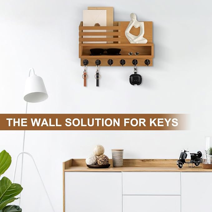 Key and Mail Holder Wall Mount, Key Hanger with Long Storage Box and Key Hooks for Coat, Dog Leash, Home Decor Rack, House Accessories, Entry Way Organizer