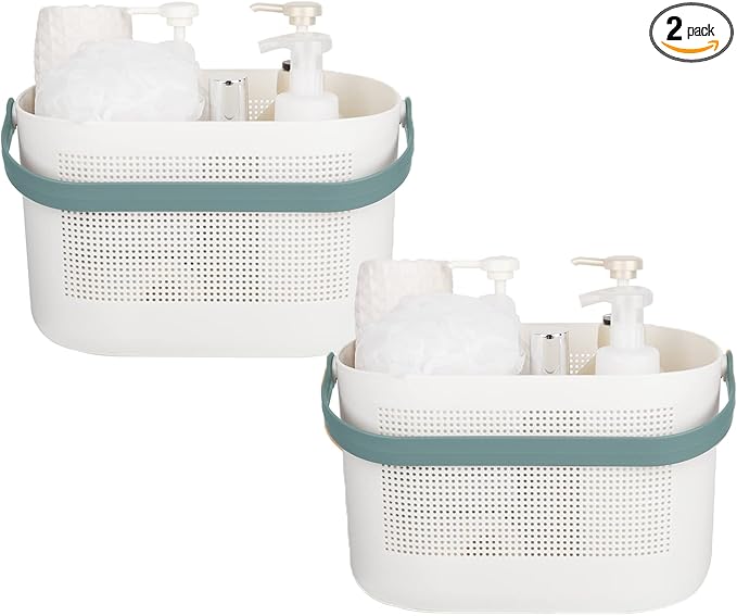 Plastic Portable Shower Caddy Basket, Storage Organizer, Green, 2 Pack | Bottom Drain Holes, Keep Dry, Sturdy and Durable, Easy to Carry for Bathroom, Kitchen, Dorm Room, RV, College