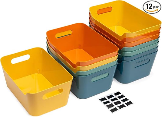 Tiawudi 12 Pack 4.5L Storage Bins, Plastic Storage Baskets for Home Classroom Organization, Multi-Use Organizer Bins for Cabinet, Pantry, Drawer, Closet, Countertop or Shelves, Colorful Containers
