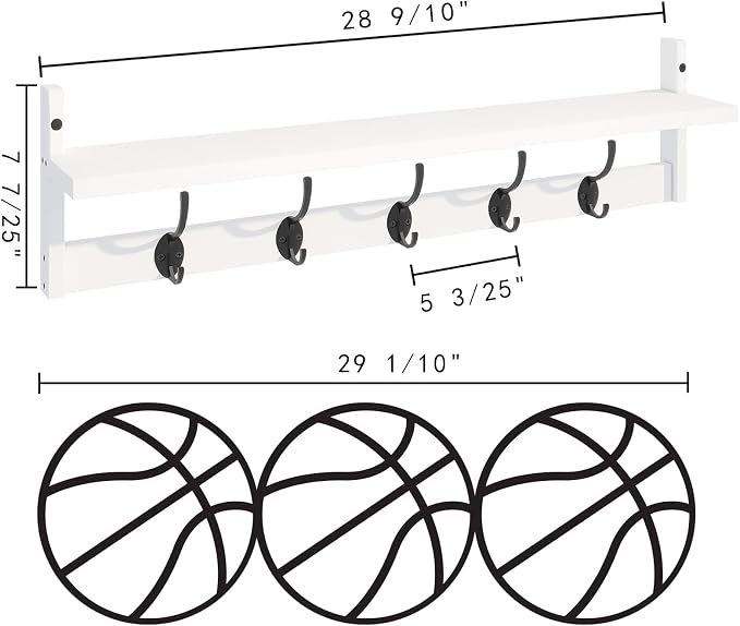 BAMEOS Wall-Mounted Wood Shelf with 5 Dual Hooks for Bathroom, Living Room, Bedroom (White-with Shelf)