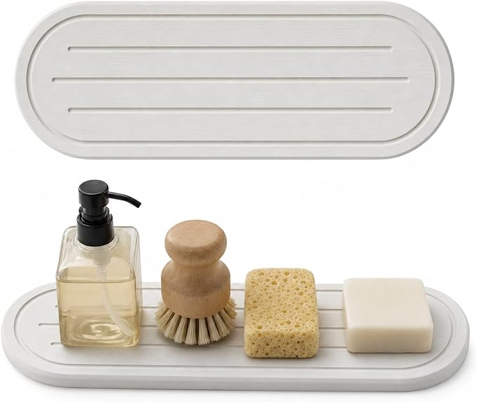 2PCS Water Absorbing Stone Drying Tray Mat for Bathroom Sink & Kitchen Counter Faucet Organizer Decor, Quick Dry Dish Soap Dispenser Sponge Holder, Vanity Sink Caddy Coaster,White -10"*3.8"
