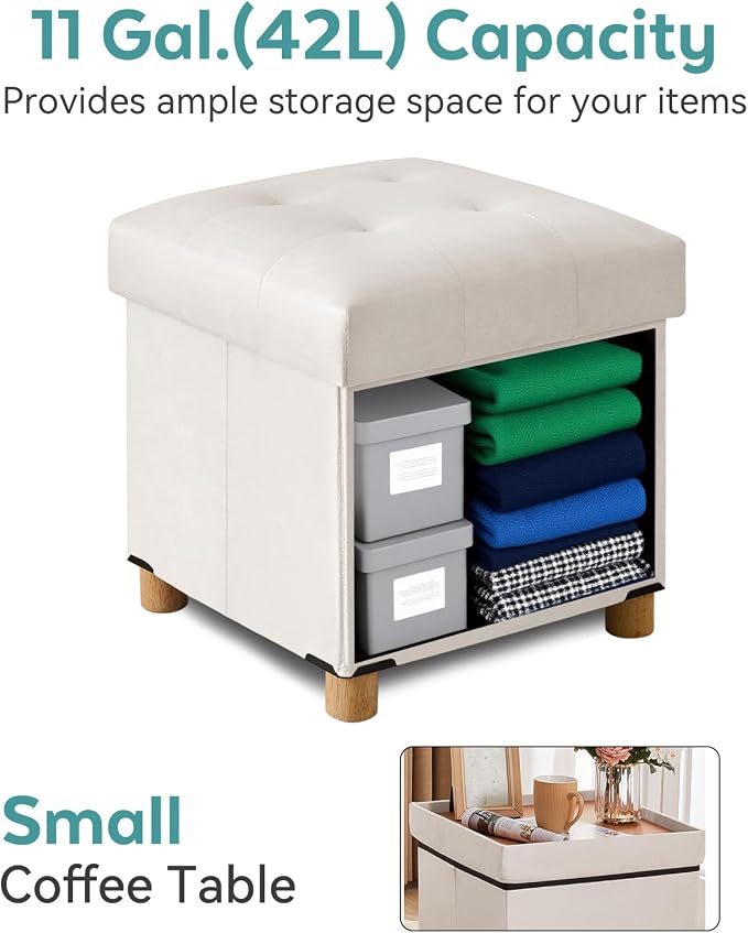 BRIAN & DANY 15" Small Ottoman with Storage Cube, Square Storage Ottoman Foot Stool with Wood Legs, Velvet Ottomans for Living Room, Bedroom, Dorm, White