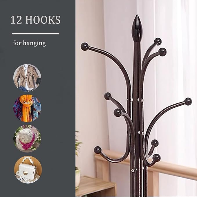 Kertnic Freestanding Coat Rack Stand, Heavy Duty Metal Hall Tree with 12 Hooks, 70 Inch Tall Stable Coat Hanger with 14.6" Natural Marble Base, Entryway Organizer for Coats Bags Hats Purses (Bronze)