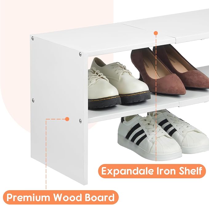2-Tier Expandable White Shoe Rack Organizer for Closet, Stackable Shoe Rack Storage Shelf, Small Iron Wood Combination Shoe Shelves for Closets,Entryway,Front Door, Narrow Space,Hallway,6-12 Pairs