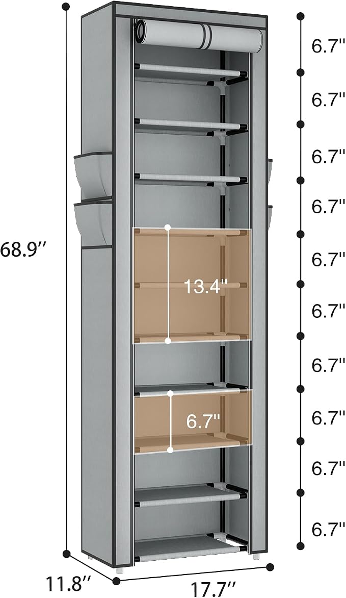 ROJASOP Shoe Rack with Covers 10 Tier Large Shoe Organizer Tall Shoe Closet Storage for 20-22 Pairs Shoe and Boot, Free Standing Shoe Rack Organizer for Closet, Entryway, Bedroom, Grey