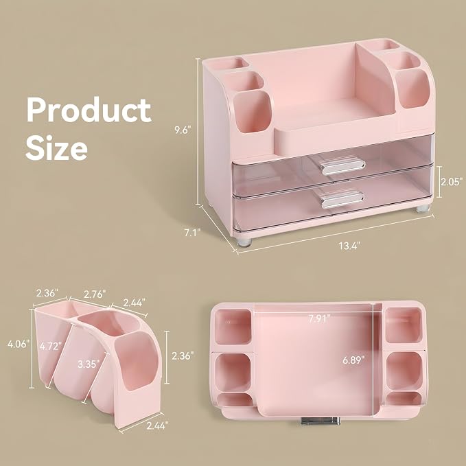 Makeup Organizer for Vanity with 2 Large Drawers and 6 Brush Holders, Pink | Large-Capacity Makeup Holder Keeps Skincare and Cosmetics Organized and Easy to Reach on Vanity or Bathroom Counters