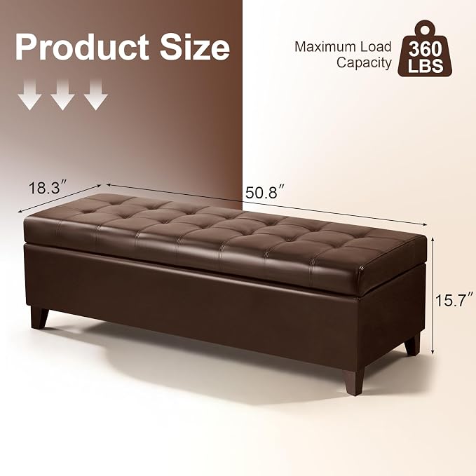 51" Dark Brown Leather Storage Ottoman for Living Room | End of Bed Storage Ottoman Bench, Faux Leather Upholstered Ottomans with Hinged Lid, Rectangle Bench for Entryway&Bedroom