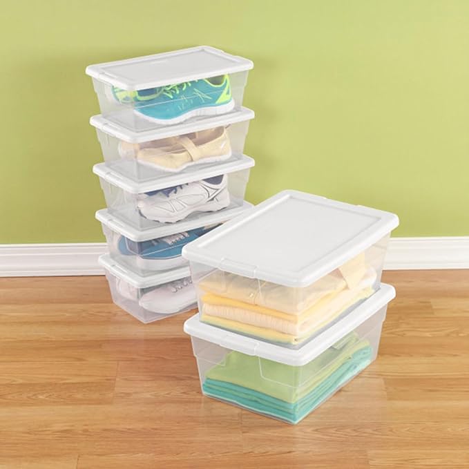 Sterilite 6 Quart Clear Storage Bins with Lids, 18-Pack Plastic Storage Containers, Clear Stackable Storage Bins Box for Closet, Garage, Classroom, Home Organization and Storage, Cloth Included