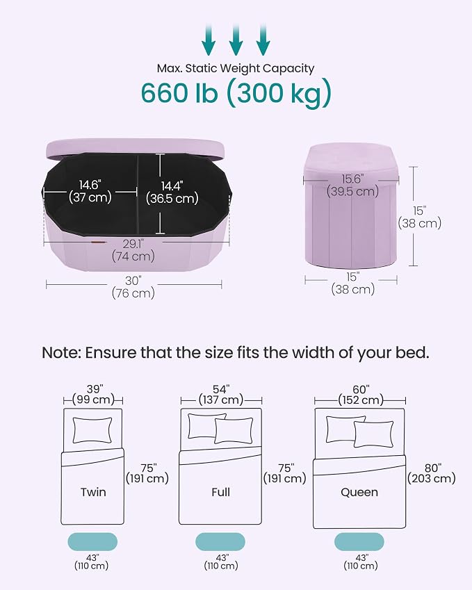 SONGMICS MINOTA Collection - Folding Ottoman with Storage, Oval Storage Ottoman Bench, for Living Room, Bedroom, Velvet Fabric, 15 x 29.9 x 15 Inches, Hibiscus Purple ULSF267PE01