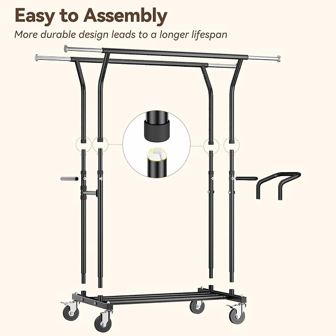 800LBS Heavy Duty Clothes Rack: Rolling Clothing Rack for Hanging Coat Double Rods Portable Wardrobe Garment Racks with Wheels Shelf Sturdy Metal Adjustable Bedroom Laundry Living Room (Brown)