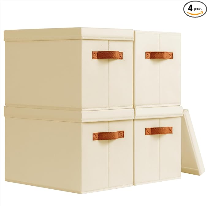 Homsorout Storage Bins with Lids - Fabric Storage Baskets for Shelves, 4 Pack Foldable Decorative Boxes with Handles, Stackable Organizer Bins for Home, Nursery, Dorm, Beige