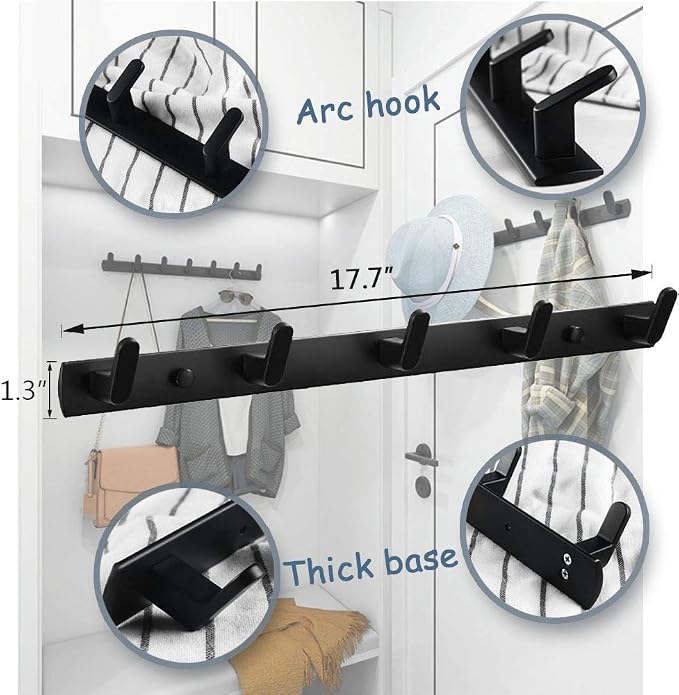 Wall Mounted Coat Rack, 5 Hooks, 17.7"x1.3", Modern, Black | Space Aluminum, Rustproof, for Hallway, Entryway, Hanging Holder for Clothes, Towel, Backpack, 40 lbs Capacity, Easy Install