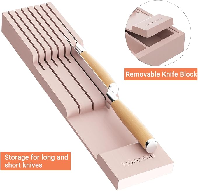 Expandable Bamboo Silverware Drawer Organizer Tray, Grey Pink | Removable Knife Block, Holds 7 Knives, Adjustable Dividers, 12.6-21.45 x 16.3 x 2.13 in, Drawer Insert for Utensils, Forks