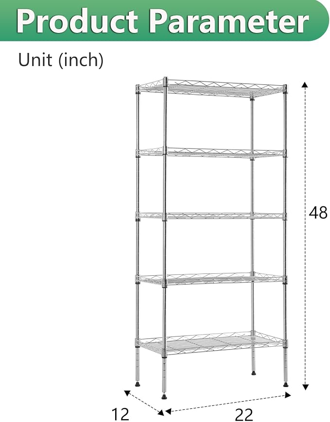 BestOffice | 5-Tier Wire Shelf | 22" x 12" x 48" | Chrome | Storage Shelves with Adjustable Racks, Holds upto 750 lbs | Rust-Resistant, No-Tool Assembly | For Home, Garage