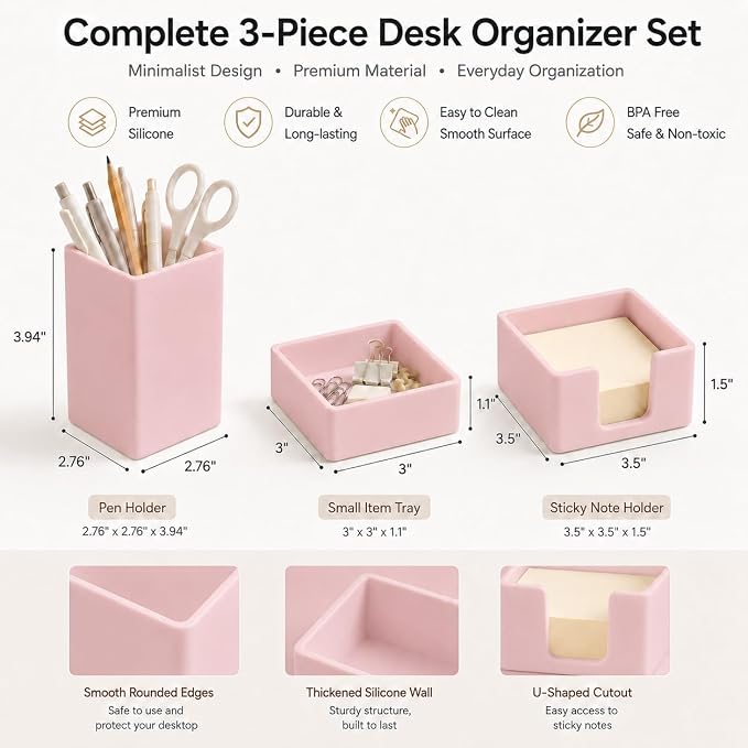 minimaliving Aesthetic Silicone Desk Organizer Set of 3,Modern Office Desk Accessories with Pen Holder,Paperclip Tray,Sticky Note Holder,Stylish Functional Office Desk Decor for Back-to-school(Pink)
